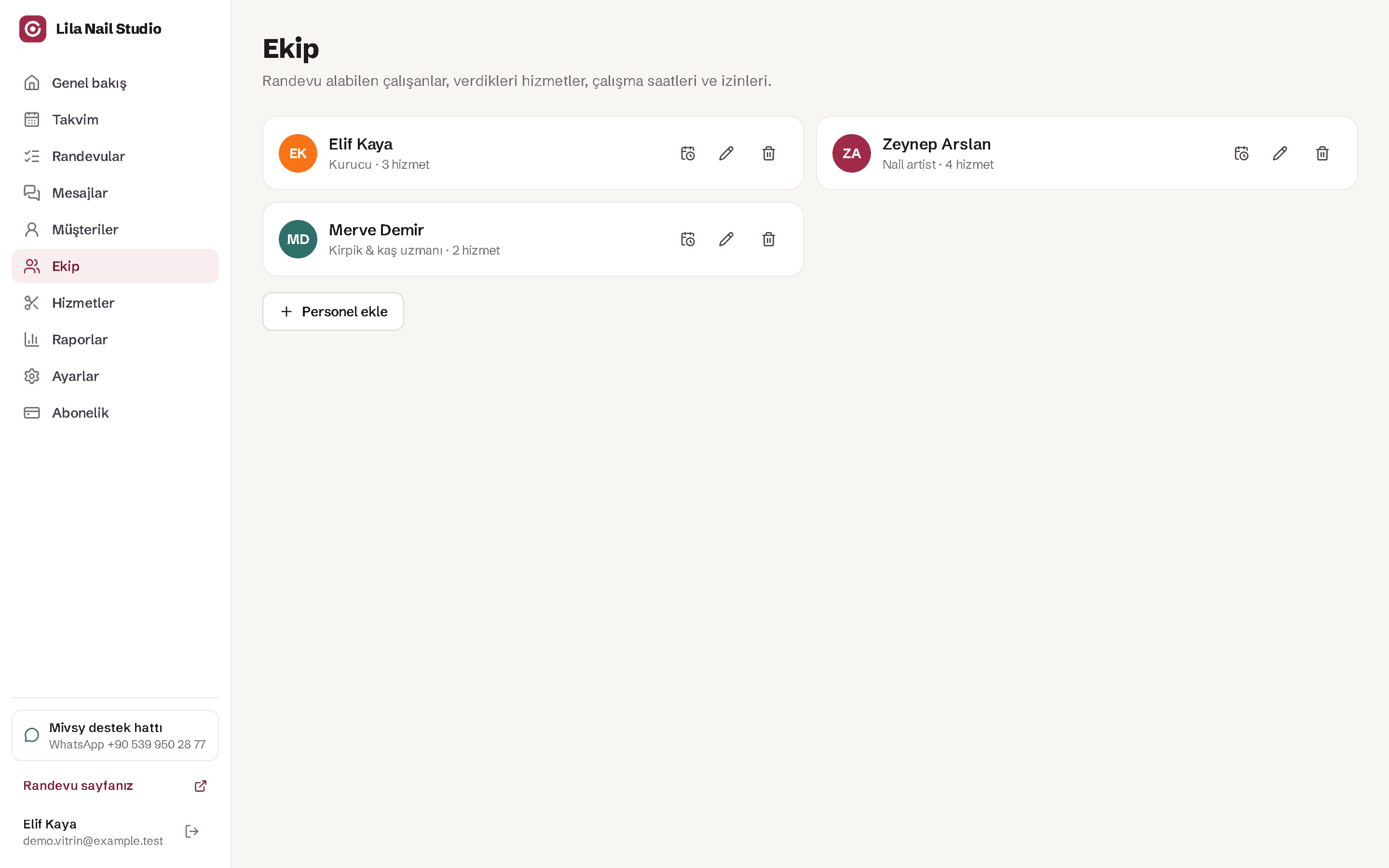 Ekip ekranı: çalışanlar, unvanları ve takvim renkleri