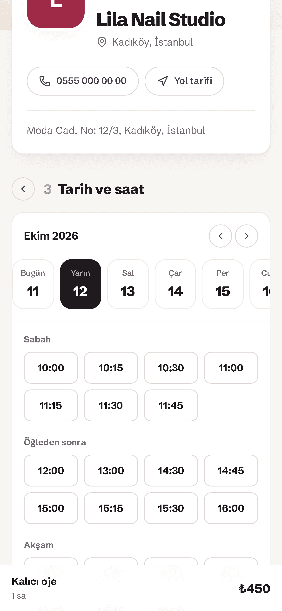 Telefonda randevu adımı: gün ve boş saat seçimi