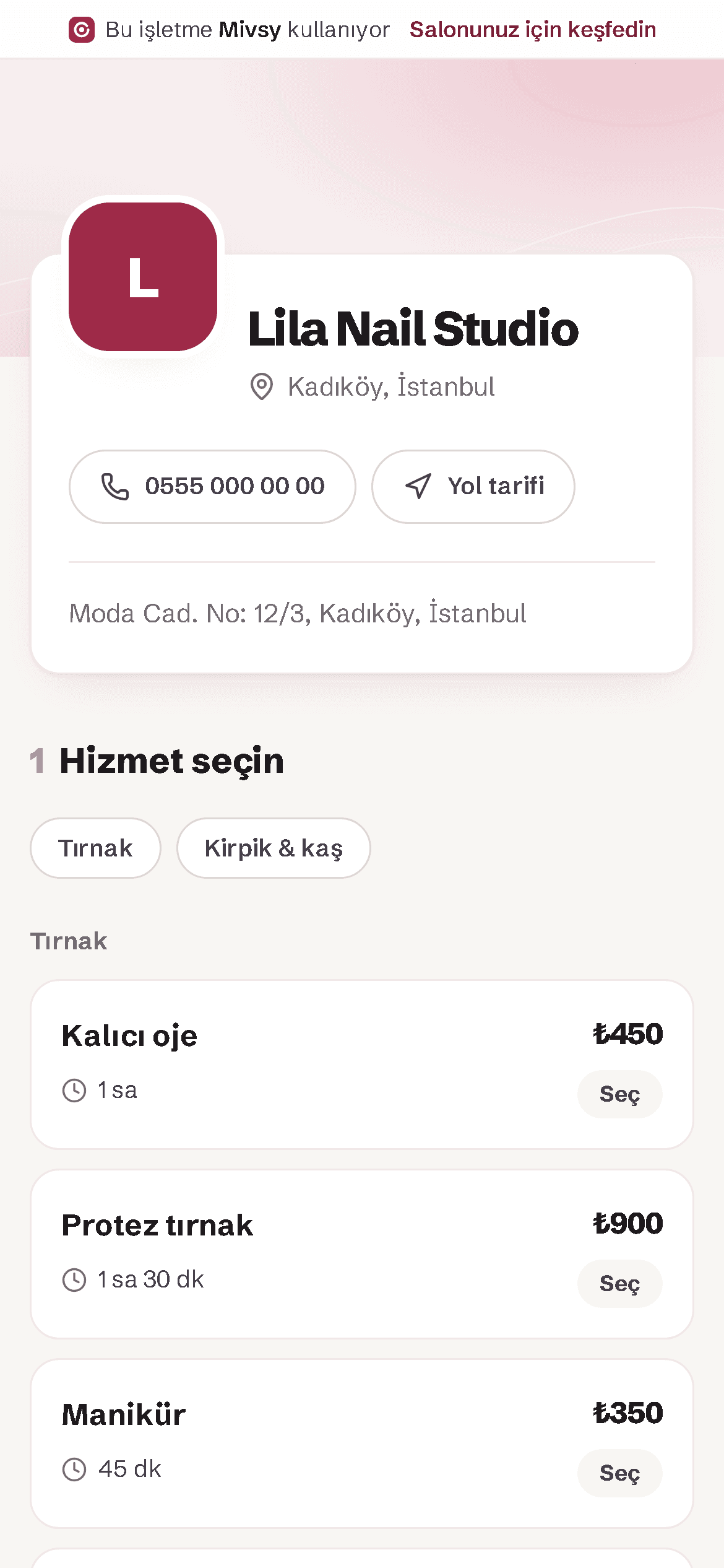 Telefonda salonun online randevu sayfası: hizmet ve fiyat listesi